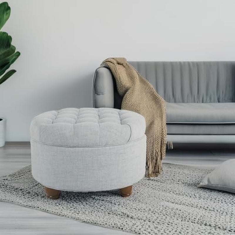 Stylish Light Blue Button Tufted Round Storage Ottoman for Living Room & Bedroom
