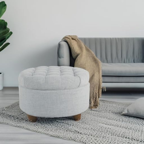 Stylish Light Blue Button Tufted Round Storage Ottoman for Living Room & Bedroom