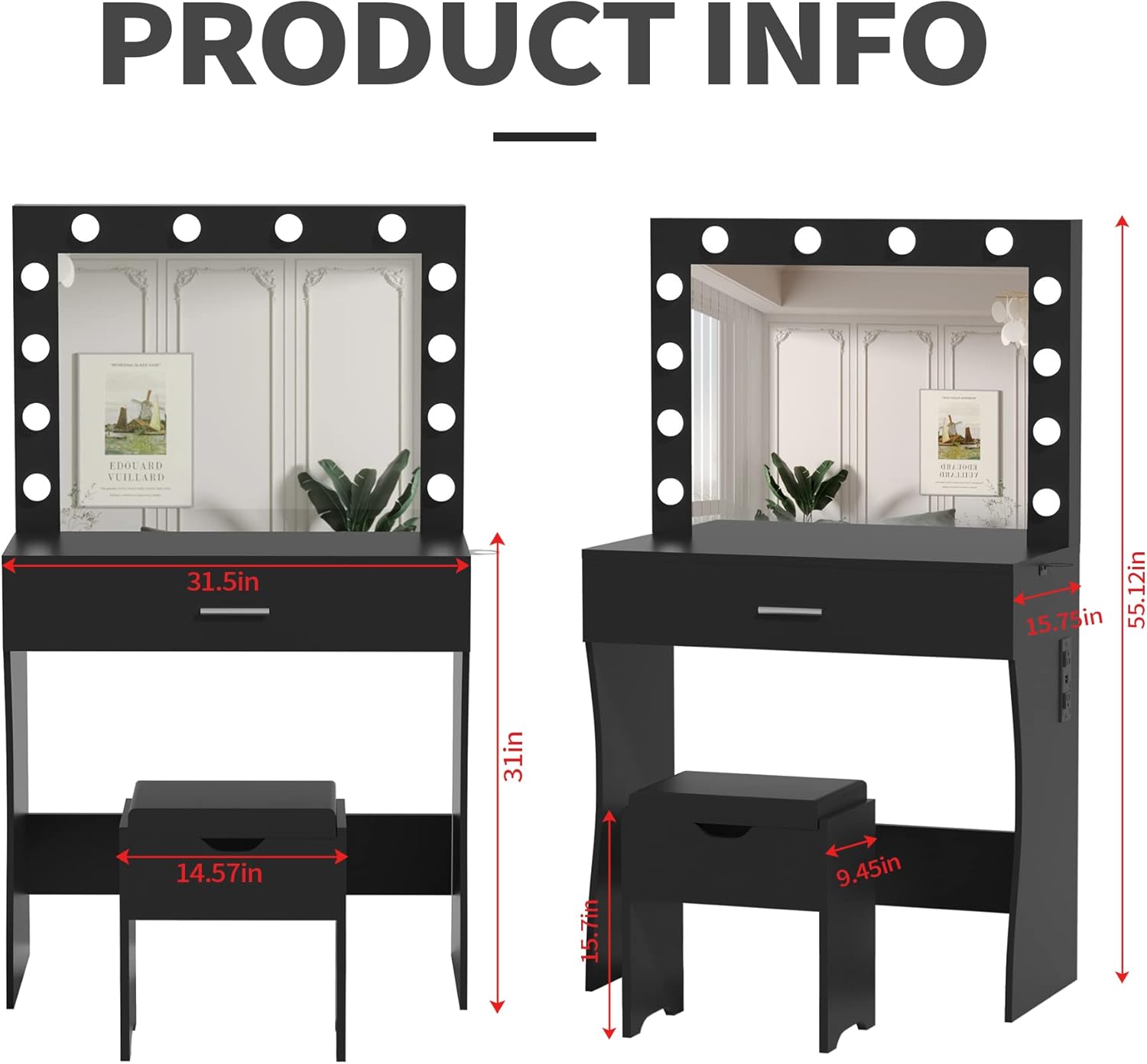 Elegant Black Vanity Table Set with LED Mirror - Makeup Station with Charging Port, Generous Storage, Three Color Modes, and Adjustable Brightness