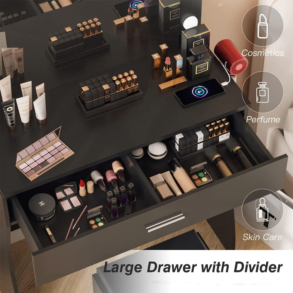 Elegant Black Vanity Table Set with LED Mirror - Makeup Station with Charging Port, Generous Storage, Three Color Modes, and Adjustable Brightness
