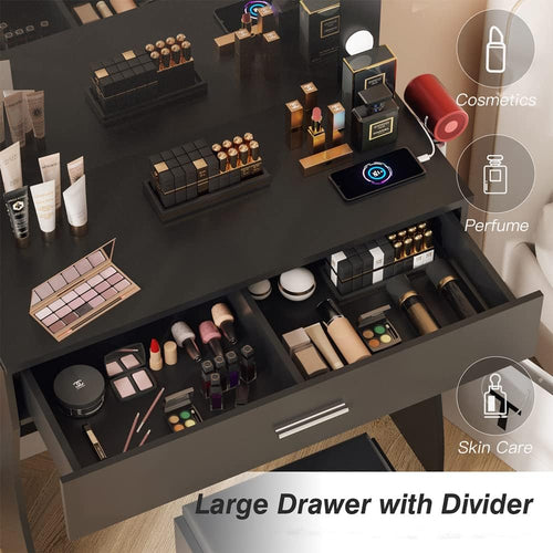 Elegant Black Vanity Table Set with LED Mirror - Makeup Station with Charging Port, Generous Storage, Three Color Modes, and Adjustable Brightness