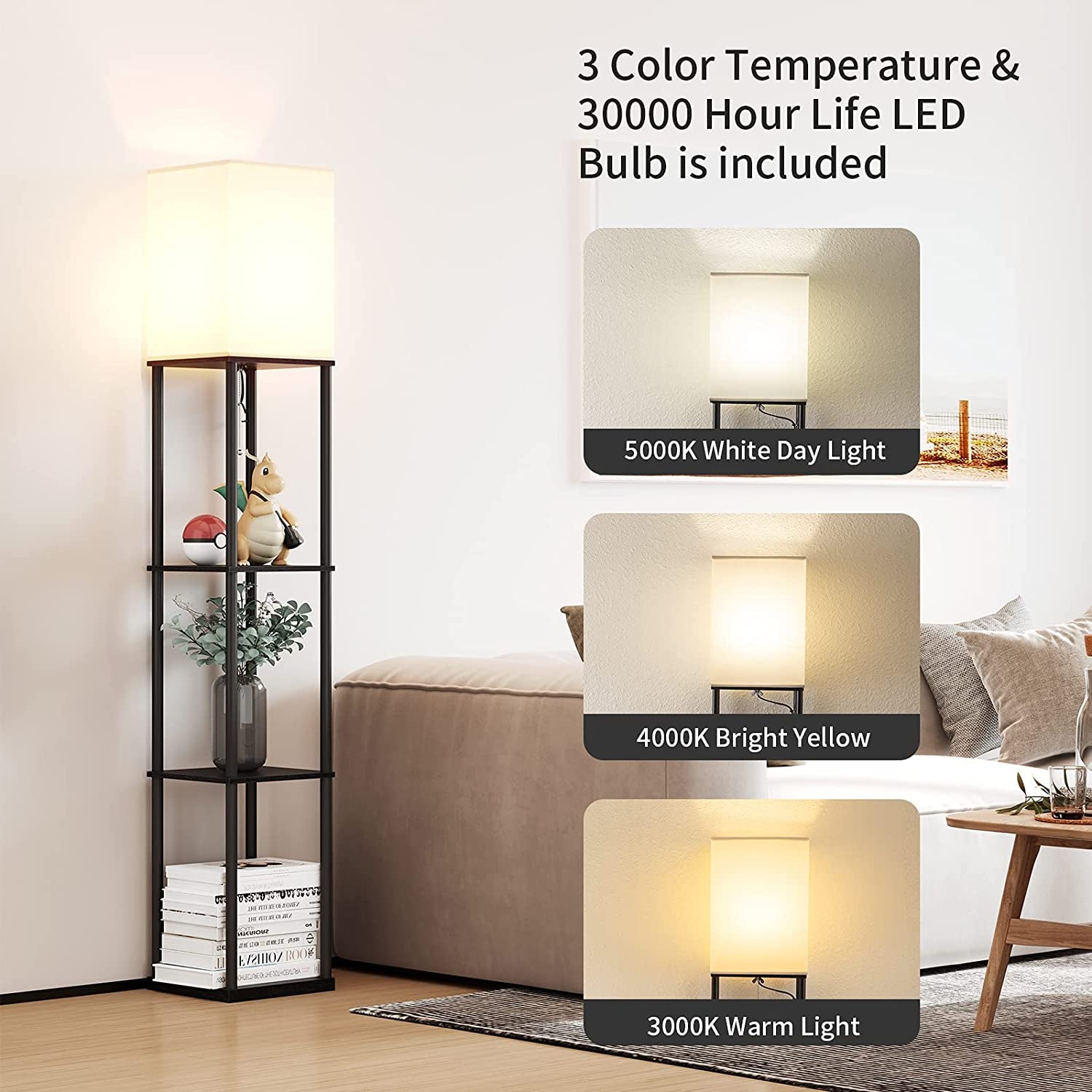 Stylish Black Floor Lamp with Shelves - Modern Corner Display Bookshelf Lamp with 3 Color Temperature Bulb for Living Room and Bedroom