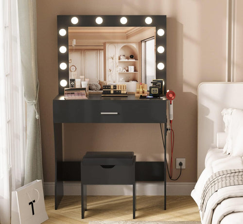 Elegant Black Vanity Table Set with LED Mirror - Makeup Station with Charging Port, Generous Storage, Three Color Modes, and Adjustable Brightness