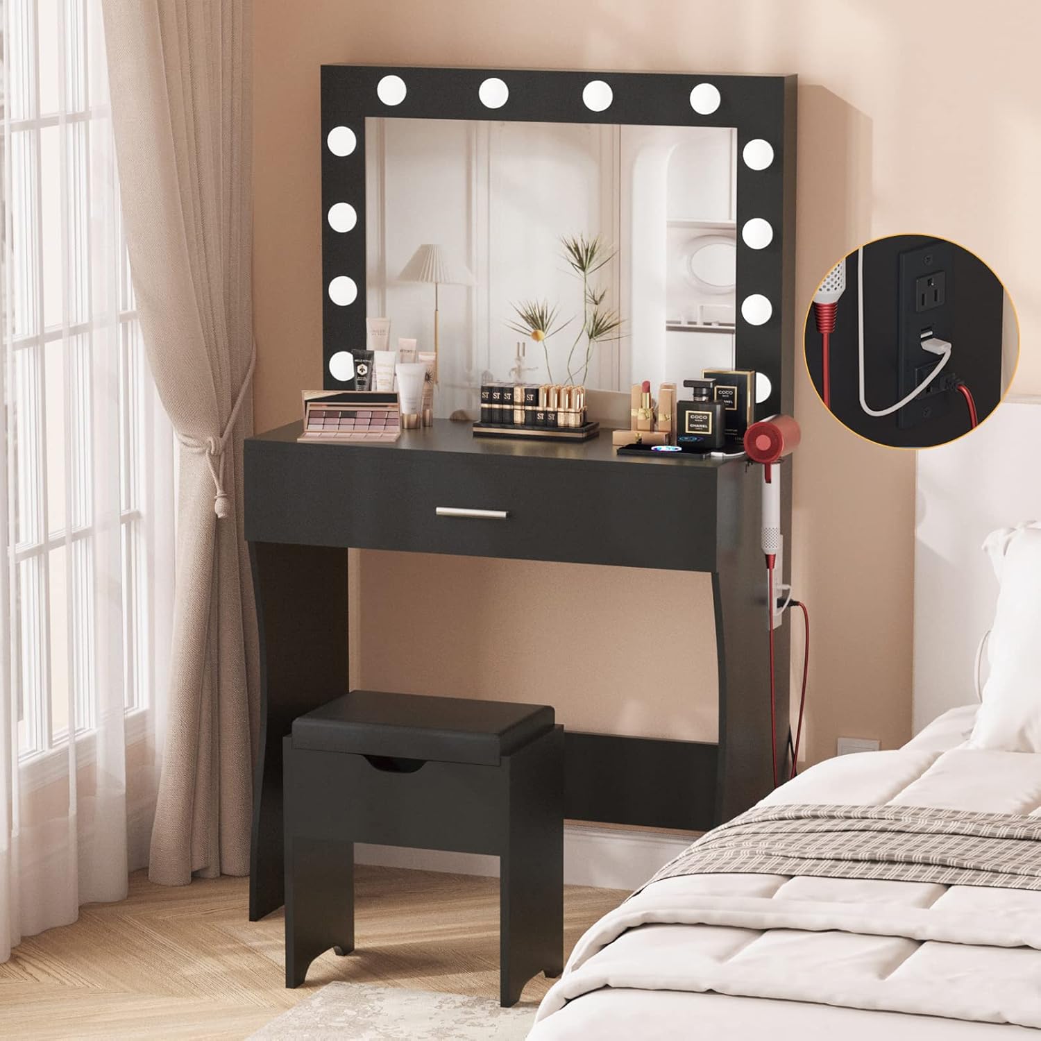 Elegant Black Vanity Table Set with LED Mirror - Makeup Station with Charging Port, Generous Storage, Three Color Modes, and Adjustable Brightness