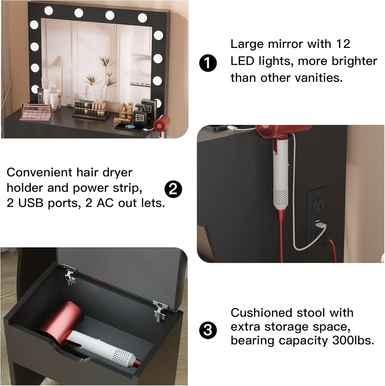 Elegant Black Vanity Table Set with LED Mirror - Makeup Station with Charging Port, Generous Storage, Three Color Modes, and Adjustable Brightness
