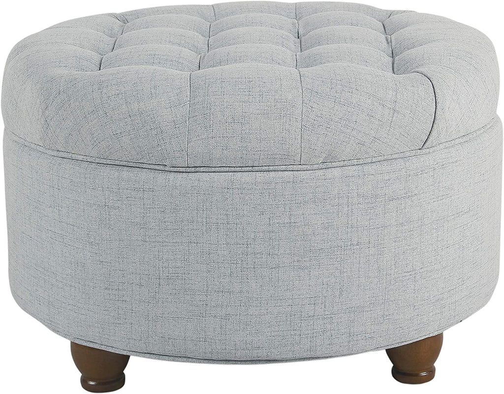Stylish Light Blue Button Tufted Round Storage Ottoman for Living Room & Bedroom